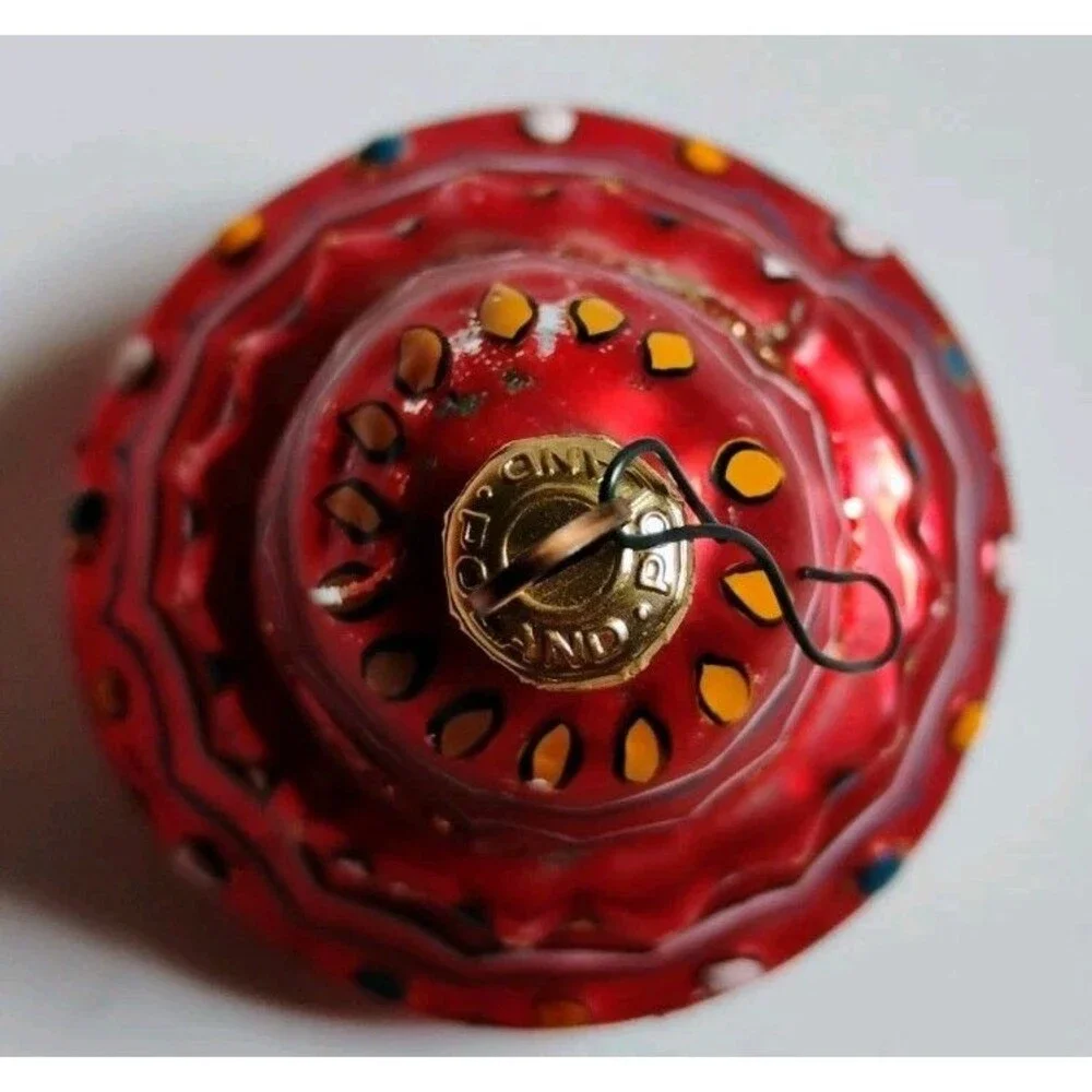 Vintage Poland Glass Christmas Ornament Red Tiered Cake Pagoda Bell Hand Painted